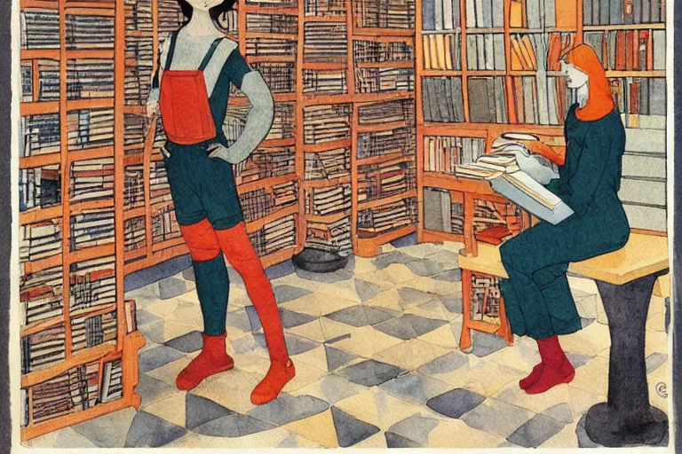 Prompt: woman wearing overalls in a bookstore warm colors simple geometric watercolor painting moebius george barbier