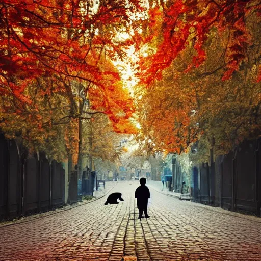 Prompt: 2 hedgehogs walking across the street next to eachother in Bruges, Belgium, in the style of shinji aramaki, autumn, evening, romantic