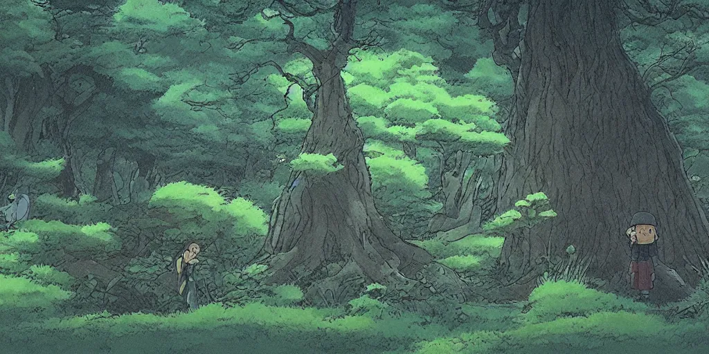 Image similar to award - winning movie still, landscape, dark forest, stone circle, by studio ghibli,