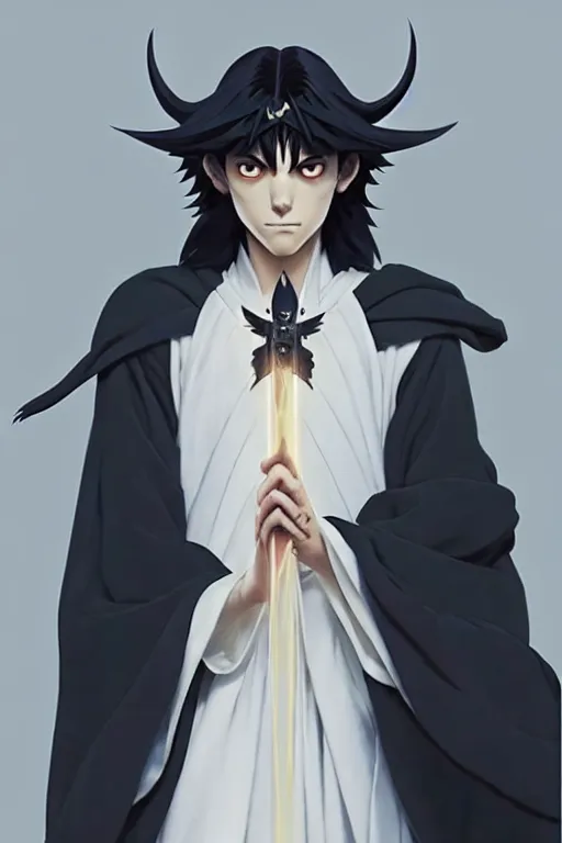 Image similar to raven headed warlock doing magic spells wind, white robes, finely detailed perfect anime face, exquisite details, mid view, design on a white background, by studio muti, greg rutkowski makoto shinkai takashi takeuchi studio ghibli