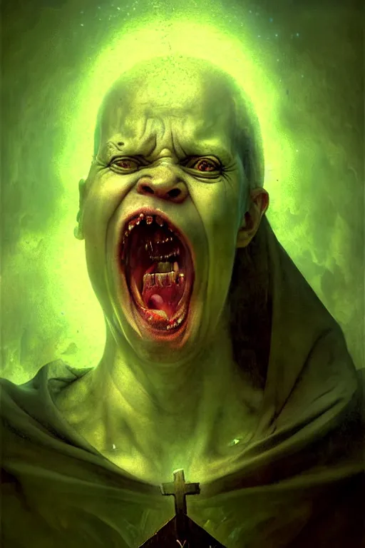 Image similar to hieronymus bosch, greg rutkowski, anna podedworna, close up portrait of bjornson, screaming, insane eyes, mad, god rays, wide shot of a graveyard lit by spooky green lights