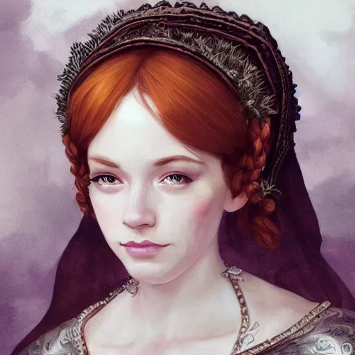 Image similar to a beautiful portrait of a teenage christina hendricks as a 1 6 th century noblewoman, fantasy, intricate, elegant, highly detailed, digital painting, artstation, concept art, matte, sharp focus, illustration, luminist and baroque style