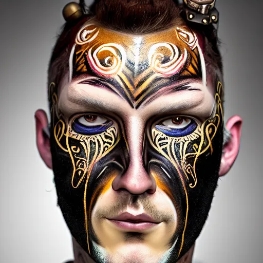 Prompt: an award finning closeup facial portrait by akseli kallen gallela luis rogyo and john howe of a bohemian male cyberpunk traveller clothed in excessivelyg fashionable 8 0 s haute couture fashion and wearing ornate art nouveau body paint