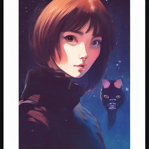 Image similar to A space realistic cat with big and cute eyes, fine-face, realistic shaded perfect face, fine details. realistic shaded lighting poster by Ilya Kuvshinov katsuhiro otomo ghost-in-the-shell, magali villeneuve, artgerm, Jeremy Lipkin and Michael Garmash, Rob Rey and Kentarõ Miura style, trending on art station