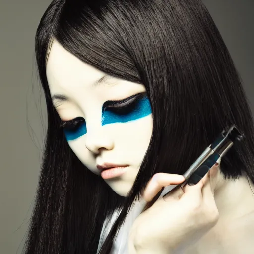 Image similar to professional photograph of female japanese model in emo makeup, long hair, fringe