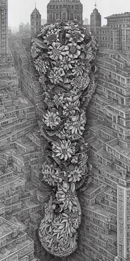 Image similar to colossal MC Escher flower in the middle of post soviet constructivist cityscape, Stalinist architecture, ultradetailed, Intricate by Hayao Miyazaki and Josan Gonzalez and Giuseppe Arcimboldo and Wes Anderson and H.R. Giger