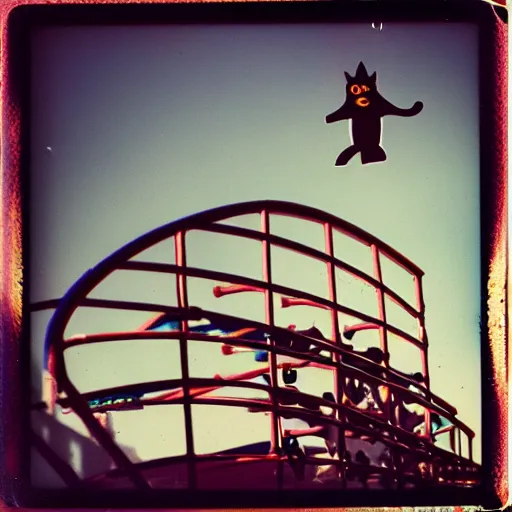 Image similar to black cat on a rollercoaster. the cat is enjoying the ride. sunlight. polaroid photo. saturated colors.