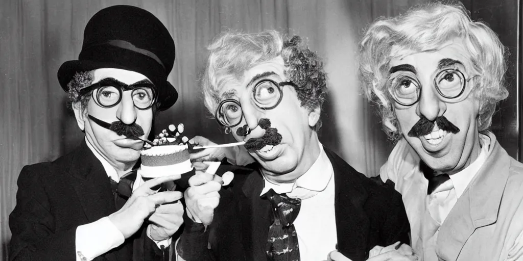 Image similar to Groucho Marx and Harpo Marx launch a cake on the face of Donald Trump. Donald Trump is a afraid. Groucho Marx and Harpo Marx laugh at him