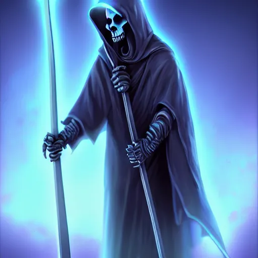 Image similar to grim reaper with a blue glowing scythe, digital art, digital painting, 4 k, hd, artstation, devian art, highly detailed