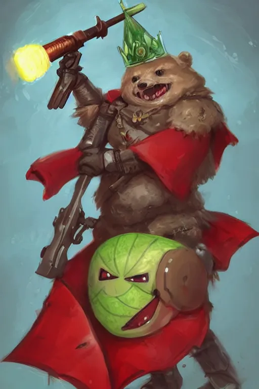 Prompt: cute anthropomorphic watermelon knight wearing a cape and a crown and holding a sniper, tiny, small, miniature bear, baby animal, short, pale blue armor, cute and adorable, pretty, beautiful, DnD character art portrait, matte fantasy painting, DeviantArt Artstation, by Jason Felix by Steve Argyle by Tyler Jacobson by Peter Mohrbacher, cinematic lighting