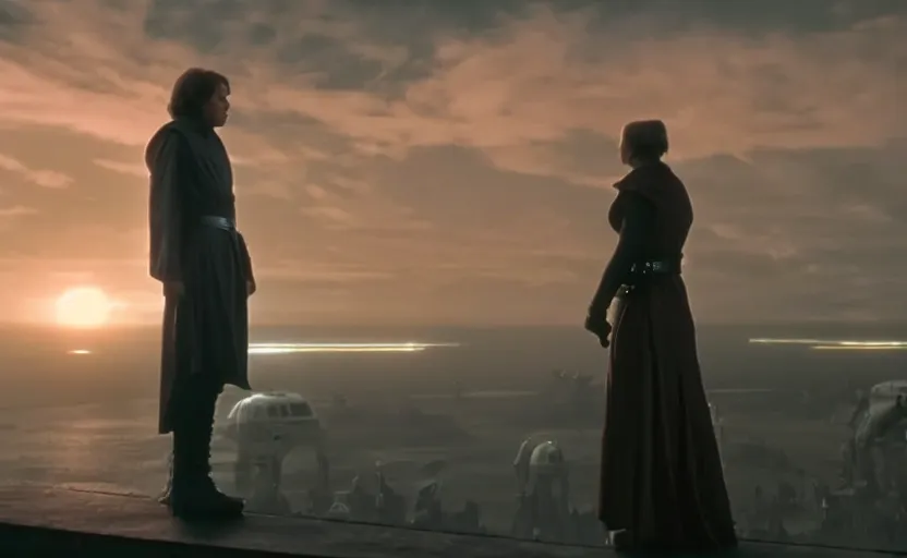 Image similar to iconic wide cinematic screen shot of luke skywalker facing a female sith lord, standing with a view of coruscant at sunset, from the thrilling scene from the 1 9 9 0 s sci fi film directed by stanley kubrick, moody cinematography, foggy volumetric lighting, hyper detailed scene, anamorphic lenses 2 4 mm, lens flare, award winning