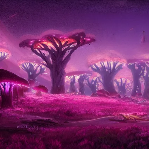 Image similar to concept art painting of a fantasy alien fungal landscape at night, magenta trees, glowing blue mushrooms, village of houses made of mushrooms, dark purple sky, realistic, detailed, cel shaded, in the style of makoto shinkai and greg rutkowski and albert bierstadt and james gurney