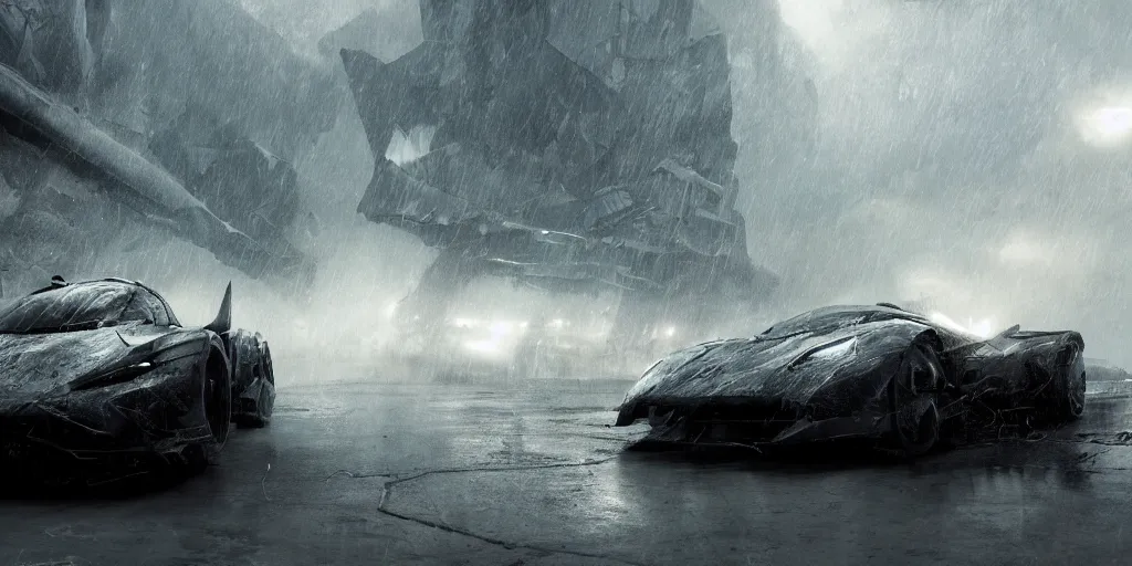 Image similar to the batmobile caught in the flow of time. octane render. 8 k. dark. atmospheric. cinematic. spectacular. sense of awe. debris. mist. strong winds. super slowmotion. matte painting painted by sparth and craig mullins