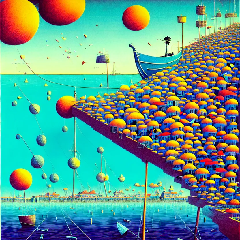 Prompt: surreal glimpse into other universe, a modern sea port, summer morning, very coherent and colorful high contrast, art by!!!! gediminas pranckevicius!!!!, geof darrow, floralpunk screen printing woodblock, dark shadows, hard lighting, stipple brush technique,