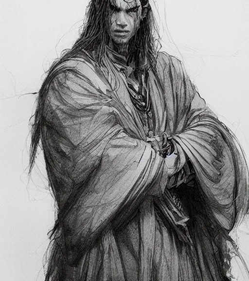 Image similar to portrait of man with long blond hair tied up wearing black robes, pen and ink, intricate line drawings, by craig mullins, ruan jia, kentaro miura, greg rutkowski, loundraw