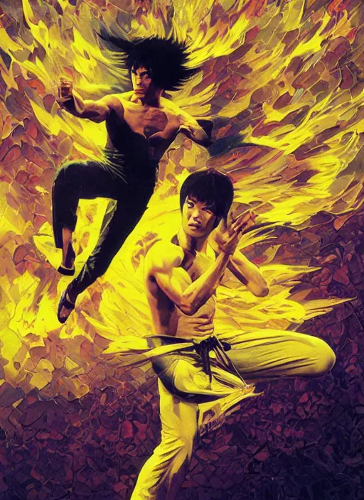 Image similar to bruce lee, yellow, spike aura in motion, floating pieces, painted art by tsuyoshi nagano, greg rutkowski, artgerm, alphonse mucha, spike painting