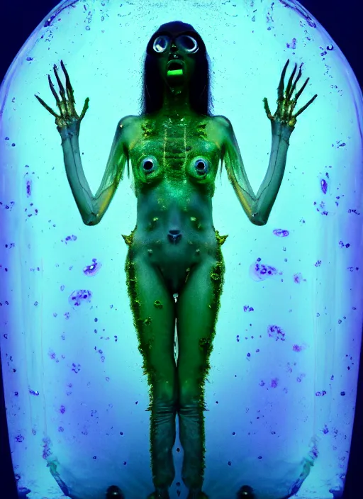 Prompt: darkly cinematic shot of a sci - fi sloppy saliva goo creature princess ungulate fairy ferret of slime submerged atop a fluid pool, translucent x ray transparent skin shows skeletal, her iridescent membranes, flaring gills, shades of aerochrome gold, eerie, occult, gelatinous with a smile, dark bubbling ooze covered serious