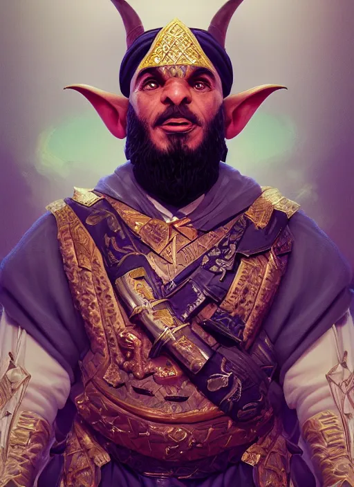 Image similar to portrait of sheikh mohammad ruler of dubai, drak fantasy goblin, trending in artstation, cinematic lighting, studio quality, smooth render, unreal engine 5 rendered, octane rendered, art style by klimt and nixeu and ian sprigger and wlop and krenz cushart.