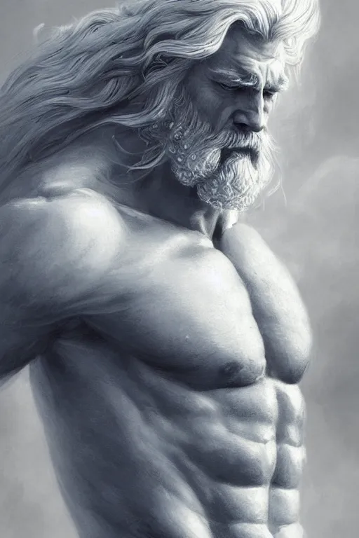 Image similar to painted portrait of rugged zeus, god of thunder, greek god, white hair, masculine, mature, handsome, upper body, muscular, hairy torso, fantasy, intricate, elegant, highly detailed, digital painting, artstation, concept art, smooth, sharp focus, illustration, art by gaston bussiere and greg rutkowski