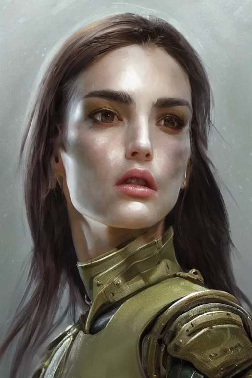 Image similar to a professionally painted portrait of an attractive young woman, clothed in military armor, olive skin, long dark hair, beautiful bone structure, symmetrical facial features, intricate, elegant, digital painting, trending on Artstation, concept art, smooth, sharp focus, illustration, from Metal Gear by Ruan Jia and Mandy Jurgens and Artgerm and William-Adolphe Bouguerea, award winning