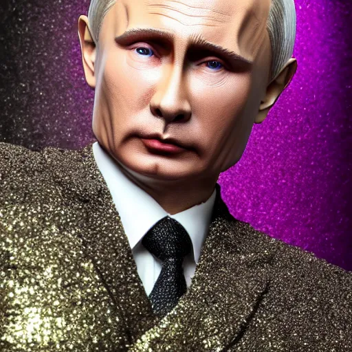 Image similar to Vladimir Putin with silver-violet hair, white eyes and golden glittery dress, wide lens, diorama, 4k,