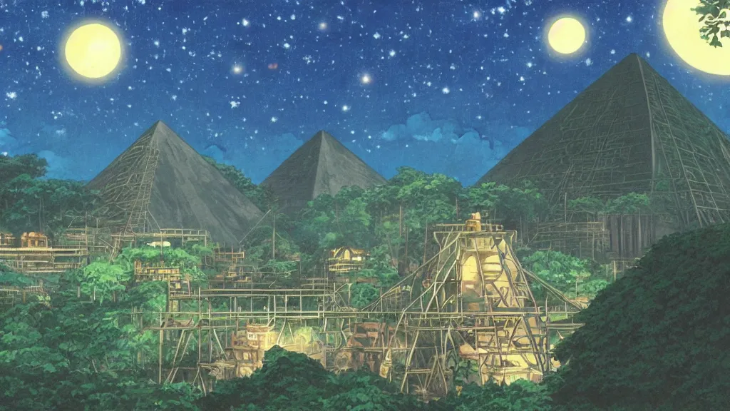 Prompt: a movie still from a studio ghibli film showing a huge industrial mining runoff storage facility and a pyramid under construction in the background, in the rainforest on a misty and starry night. by studio ghibli