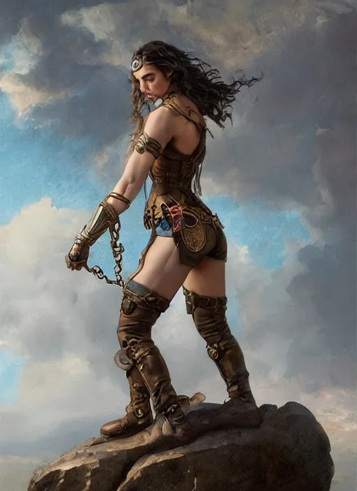 Image similar to oil painting of a highly detailed steampunk gal gadot in handcuffs while standing on a rock : leonardo da vinci, greg rutkowski, magali villeneuve