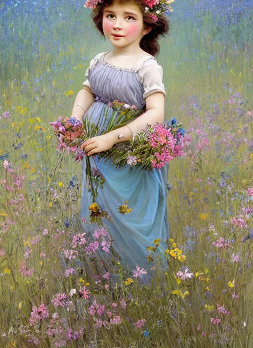 Image similar to a cute little girl with a round cherubic face, blue eyes, and short wavy light brown hair smiles as she stands in a field of colorful wildflowers. she is wearing a turquoise dress and holding a bouquet of wildflowers. beautiful painting by artgerm and greg rutkowski and alphonse mucha