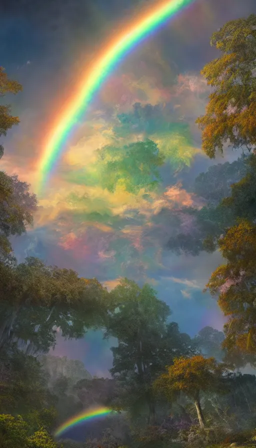 Prompt: enormously detailed hd photo of triple raibow at horizon, highly quality fantasy painting, 8K detail post-processing