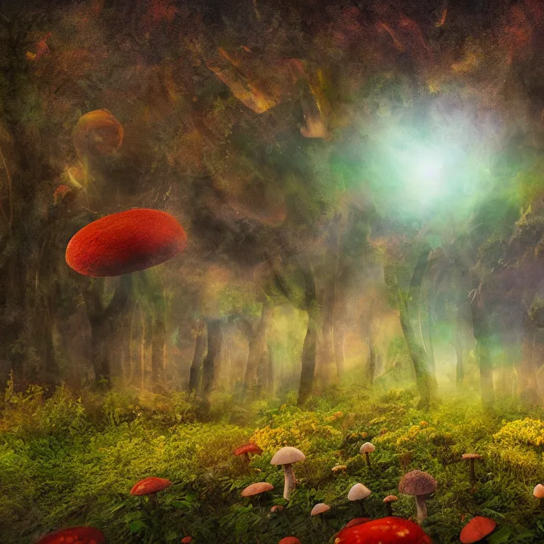 Image similar to a planet of various fungus, mushrooms, flowers and plants, inside the picture is infinity, Atmospheric, artistic photography, conceptual, long exposure outside the city, volumetric light