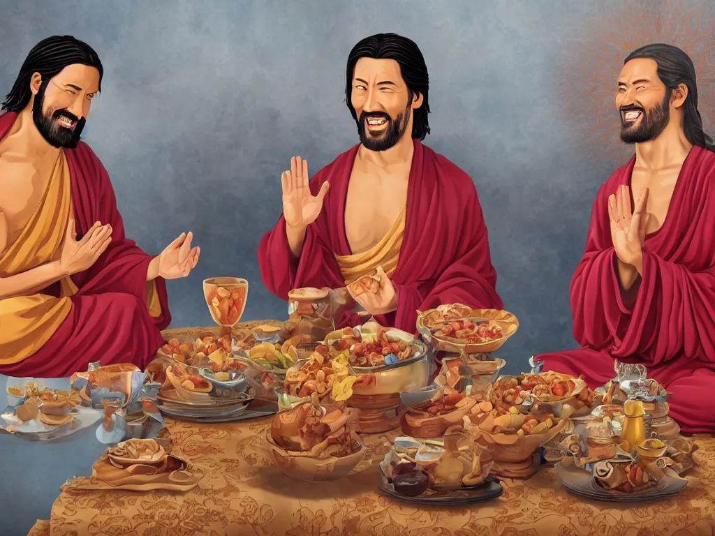 Prompt: jesus and buddha sit drink and laugh together in dessert, hyperrealistic picture,with keanu reves as jesus and jackie chan as buddha,winning of of religion tolerance award 2055,4k,details