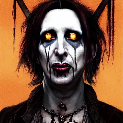 Prompt: A combination of Marilyn Manson's and Jonathan Davis's and Alice Cooper's faces as Aiden Caldwell character from Dying Light 2 Stay Human, western, D&D, fantasy, intricate, elegant, highly detailed, digital painting, artstation, concept art, matte, sharp focus, illustration, art by Artgerm and Greg Rutkowski and Alphonse Mucha