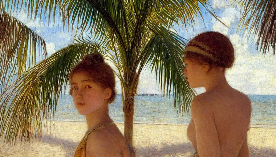 Image similar to a ultradetailed beautiful painting of a girl in the amazonas palace designed by jules bastien - lepage, hans belmer, frank weston and gustave baumann, beach, trending on artstation, mediterranean, palm trees, light sparkles, sharp focus, soft light, 8 k 4 k