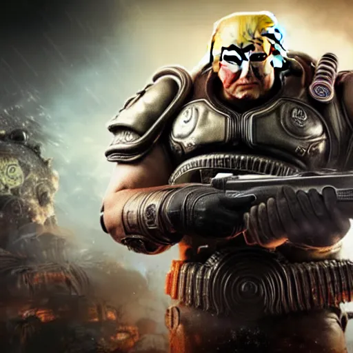 Prompt: photo portrait of donald trump with cigar as god emperor in gears of war, splash art, movie still, detailed face, photorealistic facial features, cinematic lighting, dramatic, octane render, long lens, shallow depth of field, bokeh, anamorphic lens flare, 8 k, hyper detailed, 3 5 mm film grain