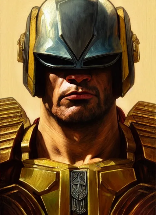 Image similar to renaissance painting of the rock as judge dredd, d & d, fantasy, intricate, elegant, highly detailed, digital painting, artstation, concept art, smooth, sharp focus, illustration, art by artgerm and greg rutkowski and alphonse mucha