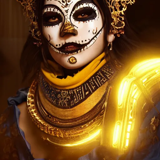 Image similar to the portrait, masked mexican mariachi woman, exotic costumes, gold jewelry, black hair, illustration by wenjun lin, irakli nadar, bright colors, octopath traveler, wenjun lin, unreal engine 5 highly rendered, global illumination, radiant light, detailed and intricate environment