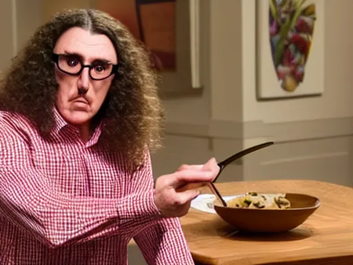 Prompt: weird al sentimentally looking at a spoon on a table