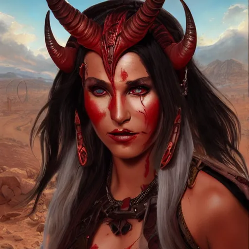 Prompt: portrait of a female berber tiefling with red skin, devil horns and black hair wearing a steel chestplate in a desert, fantasy, highly detailed, digital painting, artstation, concept art, character art, art by artgerm and greg rutkowski and tyler jacobson and alphonse mucha