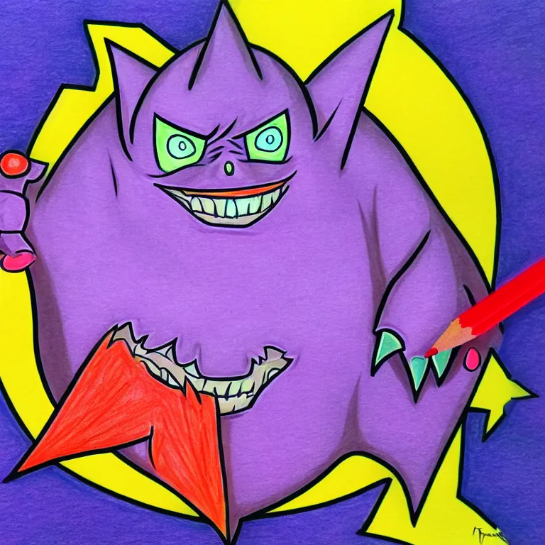 Prompt: gengar transformation, colorful drawing, pencil, markers, black lines, vibrant, colorful, high detail