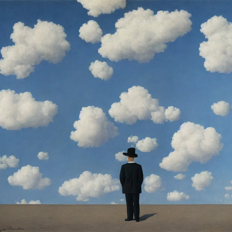 Image similar to portrait of a death, clouds in the background, by rene magritte, detailed painting, distance, middle centered, hd, hq, high resolution, high detail, 4 k, 8 k