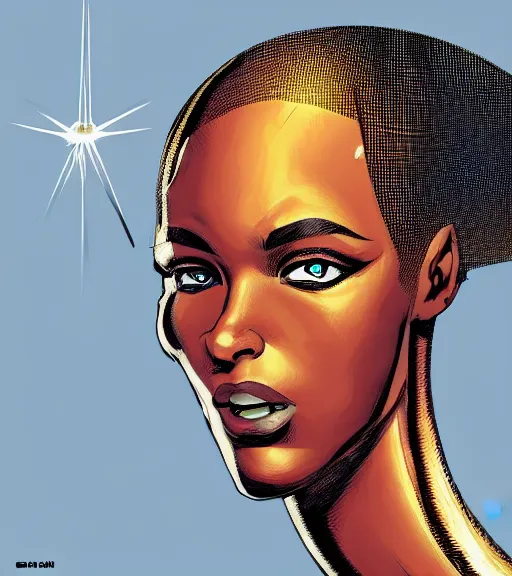 Image similar to a digital painting of a black female android with futuristic hair, side portrait, a comic book panel by Craig Thompson, behance contest winner, afrofuturism, marvel comics, official art, artstation hq