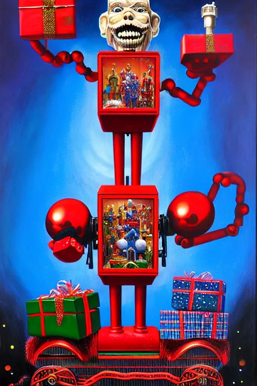 Prompt: a hyperrealistic painting of a 3 d christmas nightmare giant mechanical nutcracker, cinematic horror by chris cunningham, lisa frank, richard corben, highly detailed, vivid color,