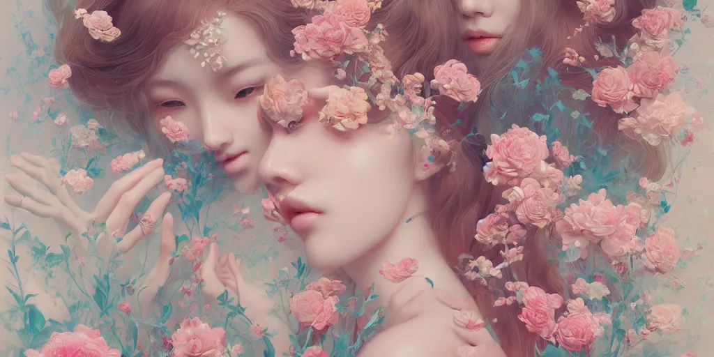 Prompt: breathtaking detailed concept art painting pattern blend of flowers and girls, by hsiao - ron cheng and soey milk, bizarre compositions, exquisite detail, pastel colors, 8 k