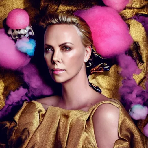 Image similar to “ 8 k, octane render, realism, tonalism, renaissance, rococo, baroque, portrait of charlize theron wearing long - harajuku manga - dress with flowers and skulls, cotton candy!! ( background chaotic gold leaf flowers ) ”