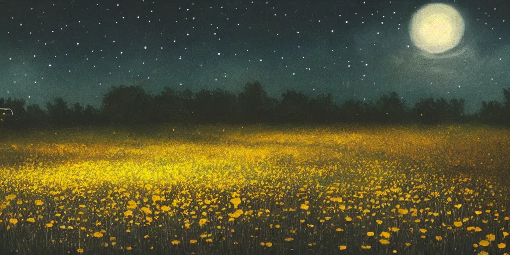 Prompt: a beautiful field of various flowers and fireflies, night, landscape, cozy