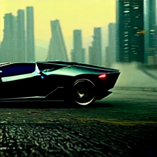 Image similar to A cinematic film still of a Lamborghini in the movie Blade Runner: 2049.