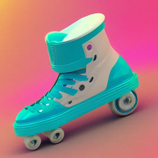 Prompt: white retro! roller skates with cyan wheels on a pedstal, octane render, 3 d model, pink lightning, neon!! light, blender