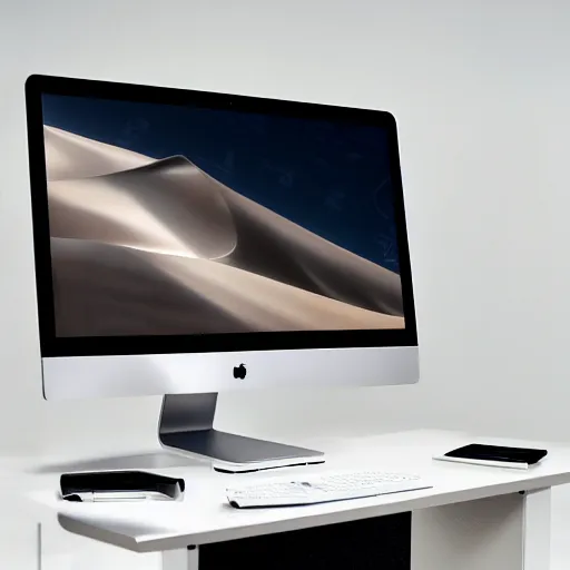 Image similar to product photoshoot of clean modern hand crafted mac monitor pro display xpr luxury smooth color metal white silver with black leather padding well design ultrareallistic detailed high quality 8 k photorealistic ultra realistic