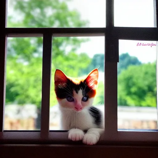 Image similar to cute calico kitten looking out of the window on a [ [ [ [ beautiful ] ] ] ] summer day, profile shot, featured on artstationg, gorgeous!!!