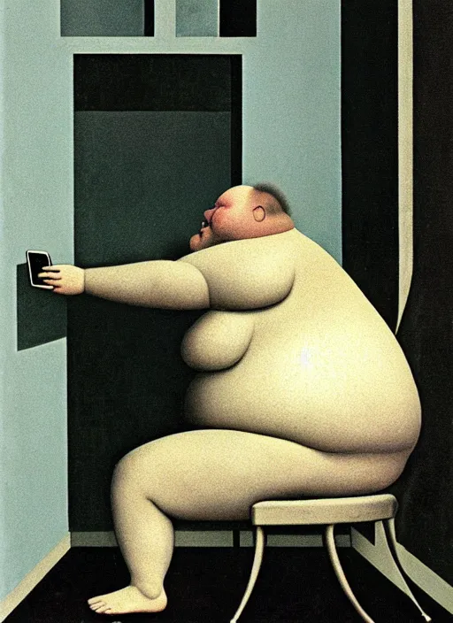 Image similar to fat man sitting on chair looking at his smartphone, hysterical, sweat, fat, frustrated, art by gertrude abercrombie hans bellmer